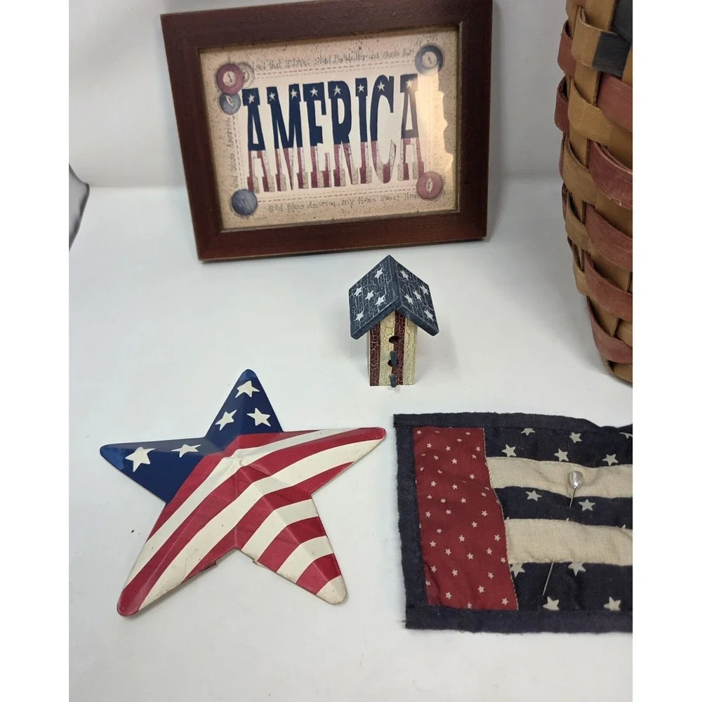 Primitive Americana Patriotic Decor Lot 7pc Basket Sign Birdhouse Star Pails